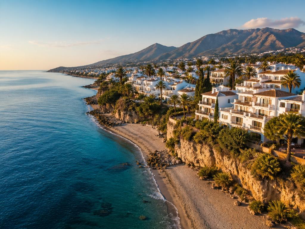 Aerial view of the Mijas Costa coastline at golden hour